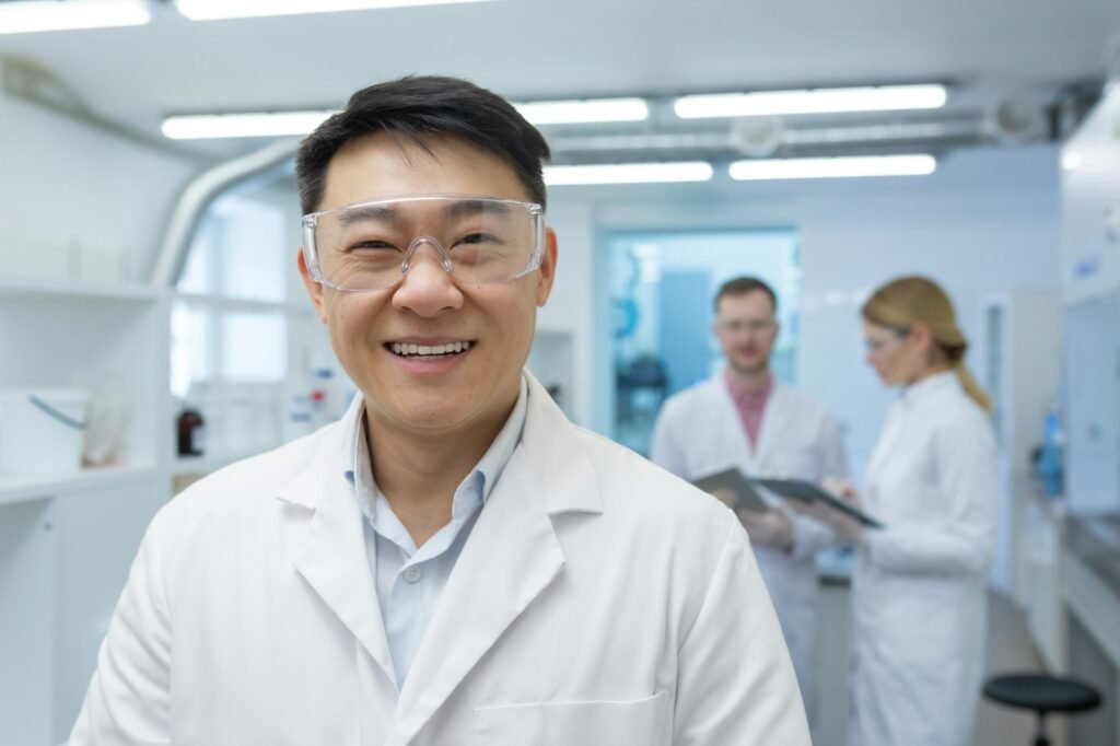 Portrait of an Asian laboratory technician scientist inside a laboratory, the man is looking at the