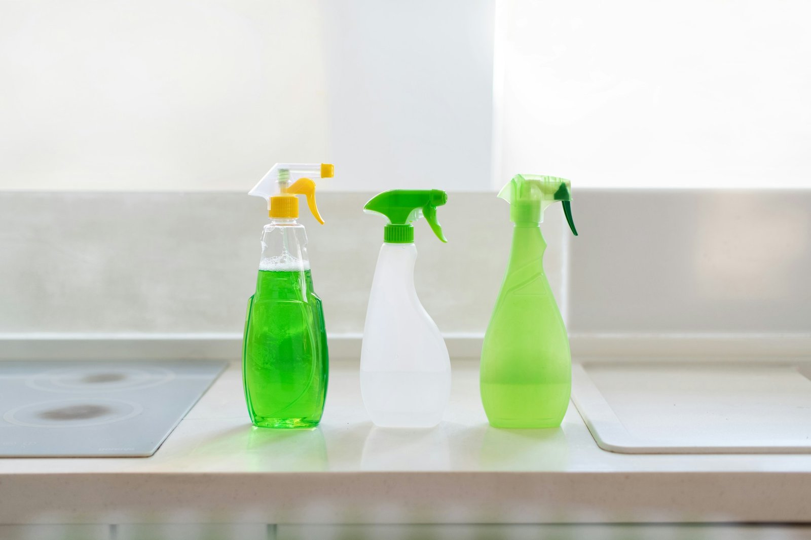 Three bottles of cleaning agent.