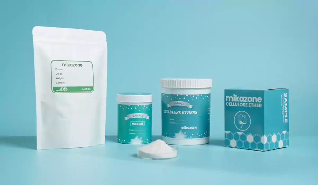 Various sample jars and bags with the Mikazone logo, as well as petri dishes containing cellulose ether powder.