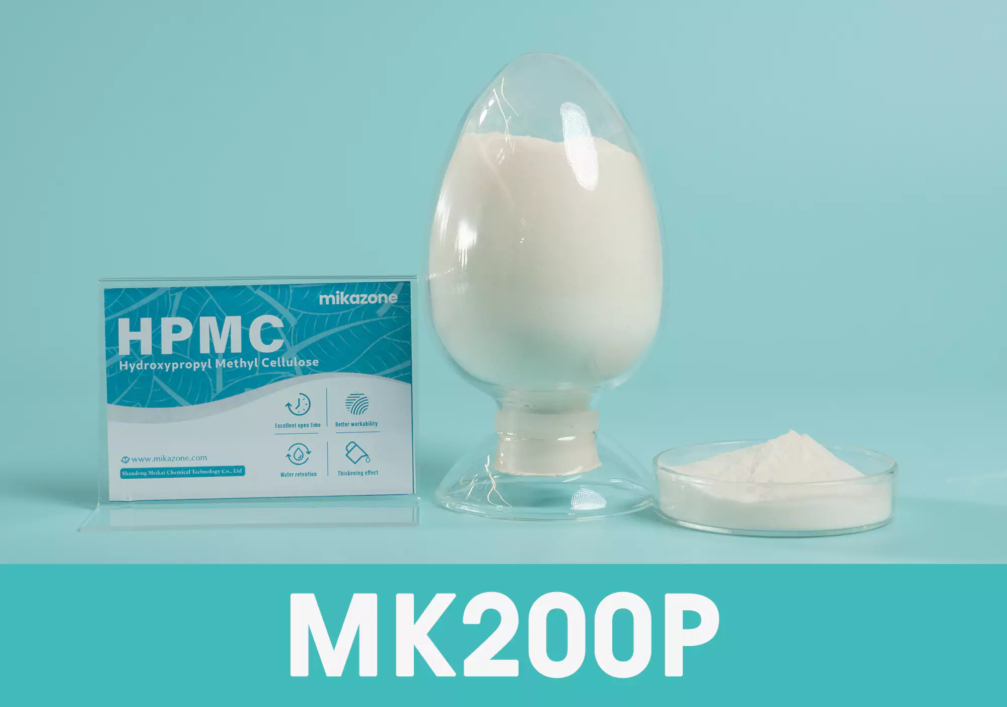 hpmc-MK200P, HPMC product display sign and Hydroxypropyl Methyl Cellulose product powder.