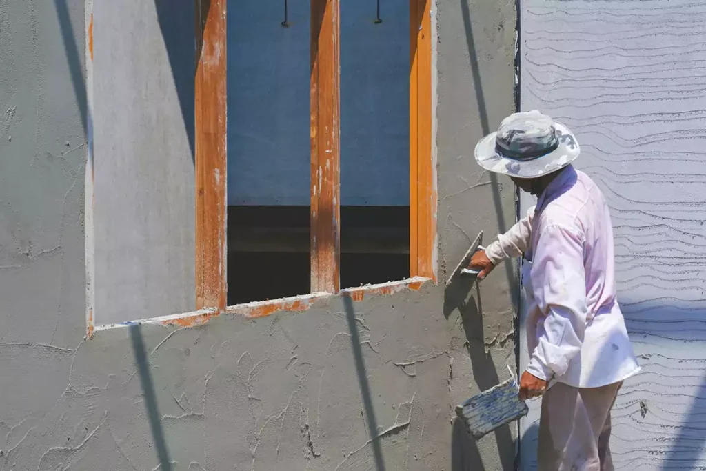 A worker is using a trowel to spread gray cement on the wall.