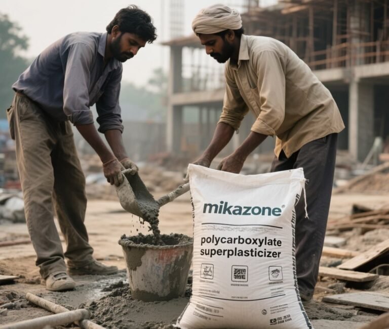 Workers are adding polycarboxylate superplasticizer to the concrete